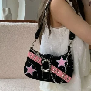 Cool Y2k Style Women’s Shoulder Bag Sweet Pink Star Rivet Female Small Underarm Bags Chain Design Ladies Clutch Purse Handbags