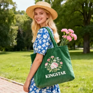 Corduroy Cute Tote Bag for Women with Inner Pocket 12.5×4.5×13.5 Inches Made China Work Beach Travel Shopping Grocery Style None
