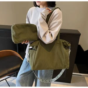 Corduroy Ladies Shoulder Bags Printed Strap Crossbody Bags Large Capacity Tote Bag with Small Purse Pouch