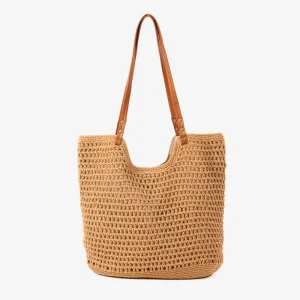 Cotton Crochet Woven Tote Bag for Women Fashionable Lady Handbag with PU Leather Strap Zip Closure Portable for Summer Beach
