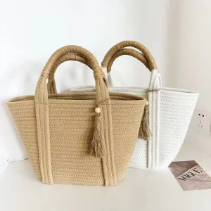 Cotton Rope Bag New Summer Large Capacity Bucket Bag Beach Holiday Woven Natural Material Handbag
