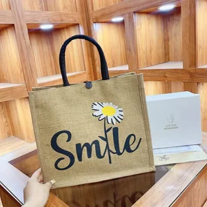 Cotton and Linen Fashionable Creative Tote Gift Bag with Daisy Flower and Smile Text Print Essential for Travel