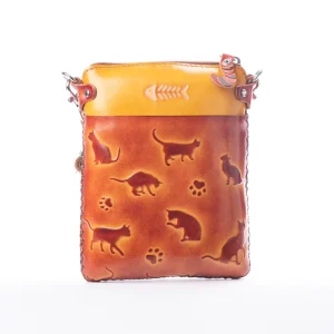 Cowhide Cute Cat Print Embossed Handmade Leather Crossbody Bags For Women Customizable