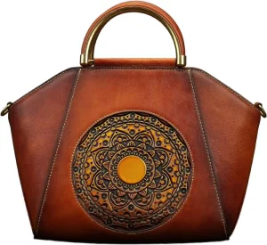 Cowhide Leather Purses and Handbags Vintage Totem Satchel Bag Crossbody Genuine Leather Handbags Tote Bags for Women
