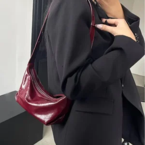 Cowhide Leather Summer Retro Red Pleated Casual Single Shoulder Underarm Bag Crossbody Style Zipper Polyester