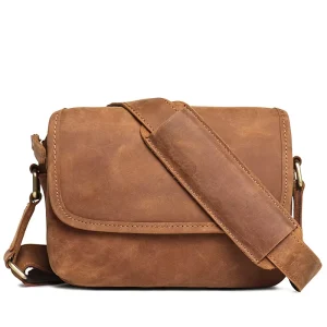 Crazy Horse Leather Shoulder Bag Men Vintage Brown Crossbody Messenger Bag Genuine Cowhide Handbag for Male Travel Work