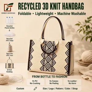 Cream Knitted Tote Bag For Women Geometric Pattern Large Capacity Shoulder Handbag Fashion Travel Bag