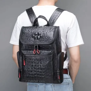 Crocodile Pattern Genuine Leather Men Backpack 15.6 Inch Laptop Bag Travel Backpack Leather Men Backpack