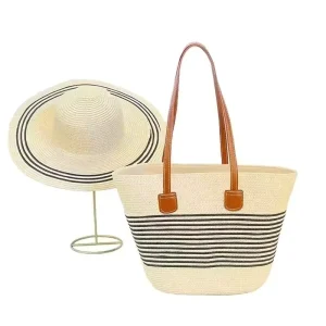 Cropinkss border New Factory Direct ship Handmade Woven Straw Bag Hat Set Single shoulder Beach Bag