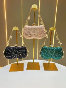 Cross Border Fashion Women’s Classic Sparkling Rhinestone Chains Evening Clutch Bag Polyester Flap Closure Elegant