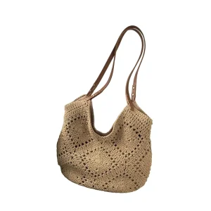 Cross Border Hollow Woven Straw Bag Women’s Seaside Beach Vacation Polyester Zipper Two Handles Large Capacity Shoulder