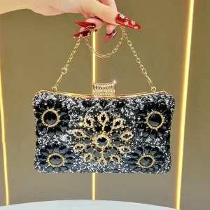 Cross Border Ladies Diamond encrusted Floral Pattern Evening Clutch Bag with Chain Strap for Women