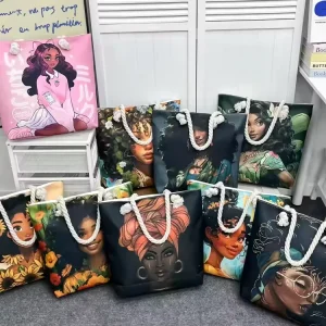 Cross border All in one Tote Bag Women’s Portable Shopping Bag Creative Women’s Printed Thick Rope Large Capacity Beach Bag