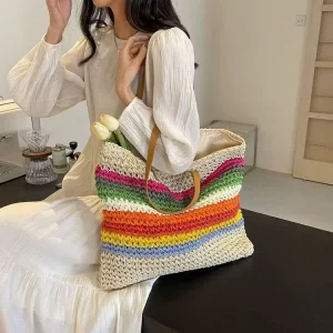 Cross-border Durable and Fashionable Woven Straw Bag with Rainbow Patterns New Style Tote Beach Bag