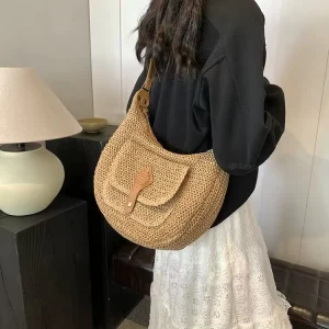 Cross border Factory Durable and Fashionable Woven Straw Bag with Slanted Hanging Strap New Portable Beach Bag