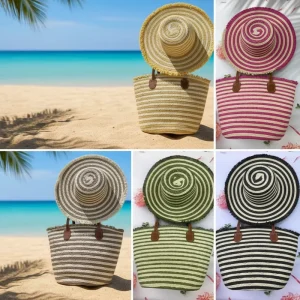 Cross-border Factory Woven Beach Bag Hat Set Combination Handmade Fashionable Straw Shoulder Bag
