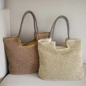 Cross border Factory of Pure Hand woven Bags with Large Capacity Casual Straw Woven Beach Shoulder Bags