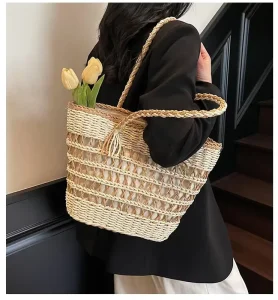 Cross border Factory of Pure Hand woven Bags with Large Capacity Casual Straw Woven Beach Shoulder Bags