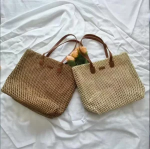 Cross border Factory of Pure Hand woven Bags with Large Capacity Casual Straw Woven Beach Shoulder Bags