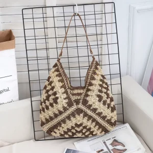 Cross border New Style Crossbody Granny Plaid Women’s Woven Straw Bag Single Shoulder Summer Large Stitching Seaside