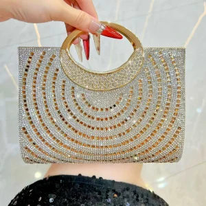 Cross-border Ring Clutch Evening Banquet Daily Use Bag Shiny Diamond Chain Magnetic Buckle Polyester Women’s Handbag