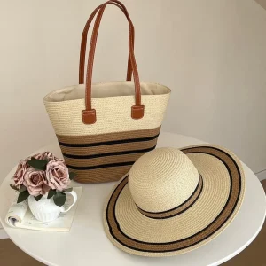 Cross border Striped Straw Hat Bag Set for Beach Vacations Stylish Versatile Sun Protective Large Capacity Tote for Outings