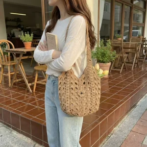 Cross-border Stylish Hollow-out Cotton Straw Bag Beach Vacation Single-shoulder Tote Laid-back Draping Feel Polyester