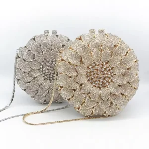 Cross border Sunflower Rhinestone Bag Hollow Out Metal Embellished Magnetic Button Closure Evening Clutch Foreign