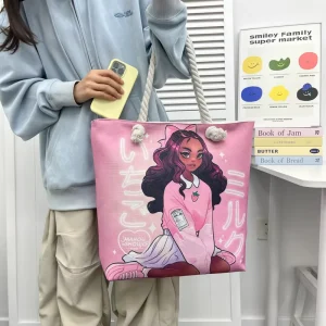 Cross border Versatile Cotton Linen Tote Bag Womens Portable Shopping Bag Chic Cartoon Print Bucket Bag Thick Rope