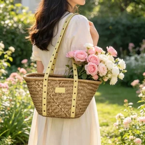 Custom Big Name Style Straw Bag Ladies Shoulder Satchel Bag Lace-up Closure Two Straps Large Storage Cotton Lining All Seasons
