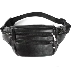 Custom Black Genuine Leather Fanny Pack Men Women Multi Pockets Waist Belt Bag