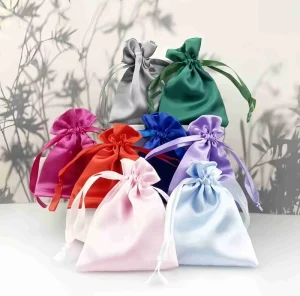Custom Brand logo Human Hair Extension Storage Pouch Wig Packaging Bags Black Silk Satin Drawstring Bundle Hair Bags for Bundles