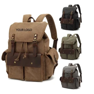 Custom Canvas Laptop Backpack with PU Accents Cover Closure Large Capacity Waterproof USB Business Student Travel Bag