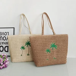 Custom DTG Printing Spring Summer Large Capacity Paper Straw Woven Embroidery Zipper Closure Tote Bag for Women Casual