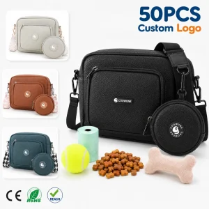 Custom Dog Walking Bag PU Leather With Poop Bag Holder Round Small Dog Treat Pouch Hidden Back Water Bottle Pocket