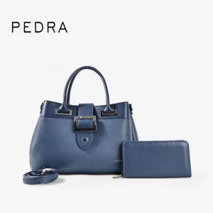 Custom Embossed Logo Buckle Satchel Bag Set Pebbled PU Leather Top Handle Crossbody Tote with Matching Wallet for Women