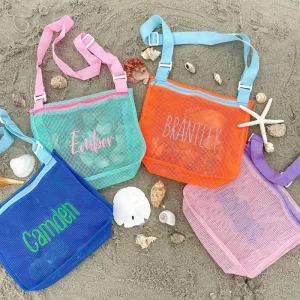 Custom Embroidered Beach Bag Portable Summer Kids’ Seashell Bag Shell Collecting Mesh Tote Children’s Shoulder Bag