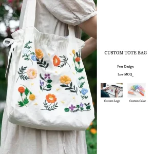 Custom Embroidered Eco Friendly Cotton Linen Tote Bag Unique Fashion Draw String Shoulder Bag White Reversible Shopping Bag