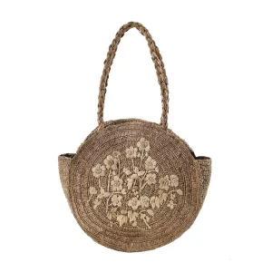 Custom Embroidered Raffia Circle Bag Handwoven Round Straw Purse Artisan Beach Bag with Shoulder Strap Boho Summer Clutch