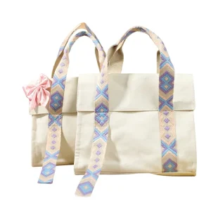 Custom Flap Cover Canvas Gift Packaging Bag Ethnic Jacquard Ribbon Handle Cotton Packing Tote Custom Logo Cosmetic Gift