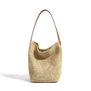 Custom Genuine Leather Women Bucket Handbags Large Capacity Woven Beach Bag Seaside Vacation Ladies Shoulder Bags