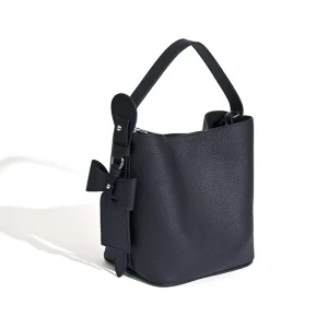 Custom Genuine Leather Women’s Minimalist Black Leather Bucket Bag with Shoulder Strap