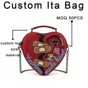 Custom Goth Punk Style Red Heart Shape Ita Bag Unique PU Pin Display Shoulder Crossbody Purse with Clear Window