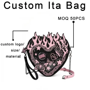 Custom Heart Shape Ita Bag Manufacturer Pink Flames Butterfly Print PVC Window PU Shoulder Bag Statement Bag for Parties