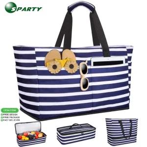 Custom High Large Capacity Portable Shoulder Beach Towel Tote Bag Embroidery Fashion Design Striped Summer Daily Use Polyester