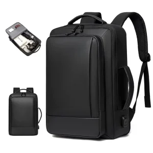 Custom LOGO Men’s PU Business Laptop Backpack USB Large Capacity Expandable Outdoor Travel Backpack Waterpoof Student Backpack