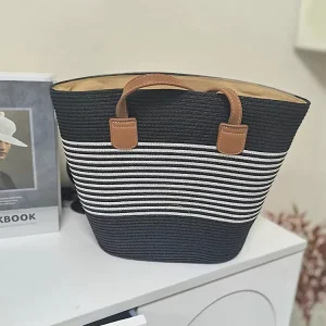 Custom Large Capacity Beach Stripe Tote Bag Supermarket Shopping Portable Fashion Hand Woven Straw Women’s Travel Accessory