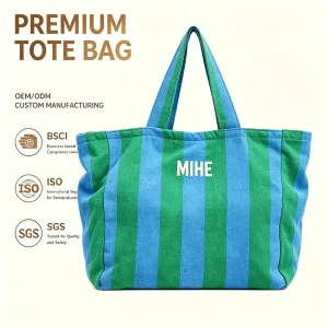 Custom Large Capacity Comfortable Premium Stripe Towel Cloth Tote Bag Durable Terry Toweling Beach Bag Travel Shoulder Bags