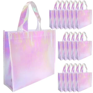 Custom Large Size Holographic Non Woven Shopping Tote Iridescent Shiny Laser Pink Reusable Christmas Gift Bags With Logo