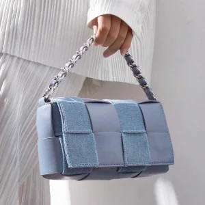 Custom Light Blue Denim Spliced Woven Mini Shoulder Bag Silver Chain Handle Women Fashion Handbag